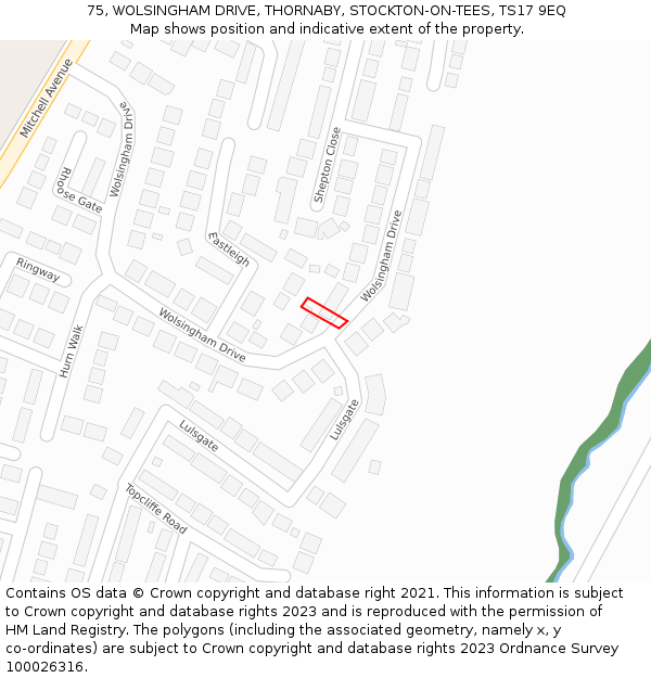 75, WOLSINGHAM DRIVE, THORNABY, STOCKTON-ON-TEES, TS17 9EQ: Location map and indicative extent of plot