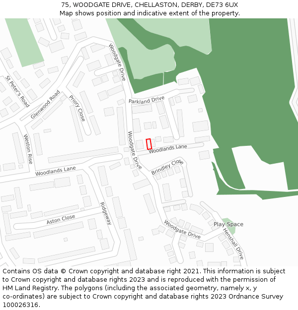 75, WOODGATE DRIVE, CHELLASTON, DERBY, DE73 6UX: Location map and indicative extent of plot