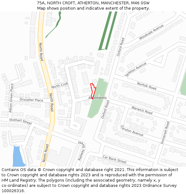 75A, NORTH CROFT, ATHERTON, MANCHESTER, M46 0SW: Location map and indicative extent of plot