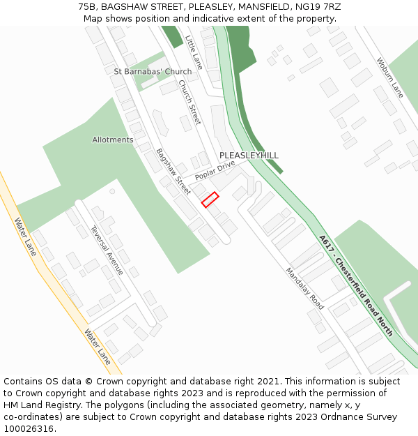75B, BAGSHAW STREET, PLEASLEY, MANSFIELD, NG19 7RZ: Location map and indicative extent of plot