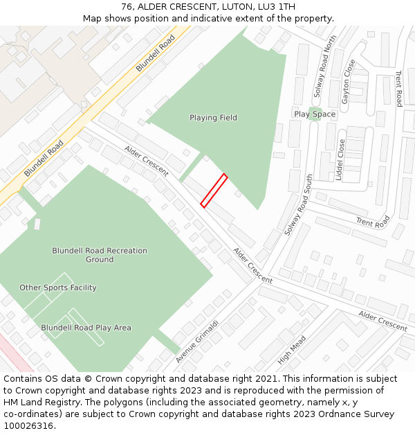 76, ALDER CRESCENT, LUTON, LU3 1TH: Location map and indicative extent of plot