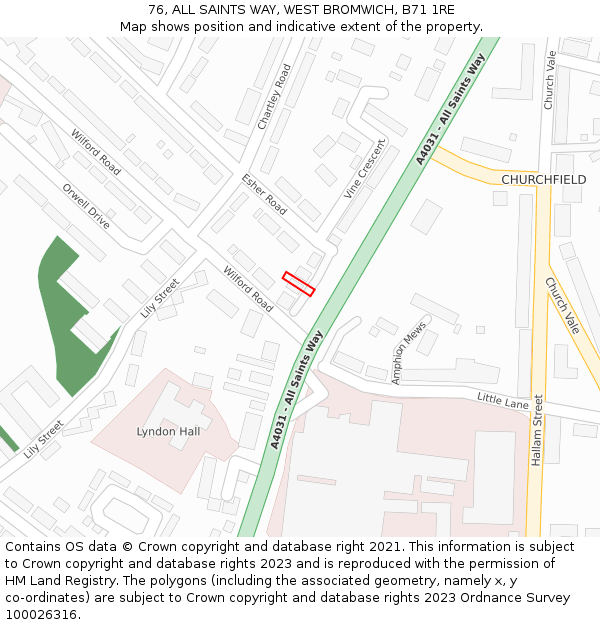 76, ALL SAINTS WAY, WEST BROMWICH, B71 1RE: Location map and indicative extent of plot