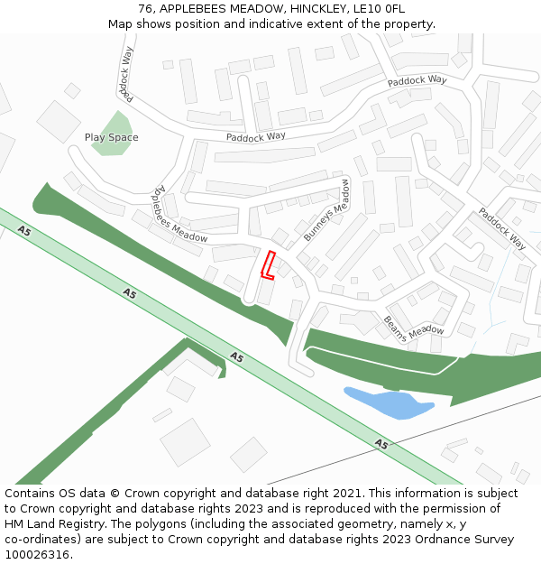 76, APPLEBEES MEADOW, HINCKLEY, LE10 0FL: Location map and indicative extent of plot
