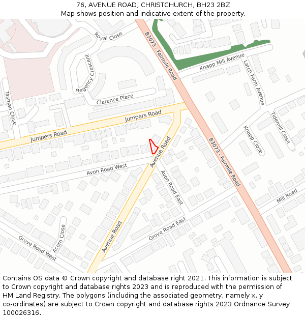 76, AVENUE ROAD, CHRISTCHURCH, BH23 2BZ: Location map and indicative extent of plot