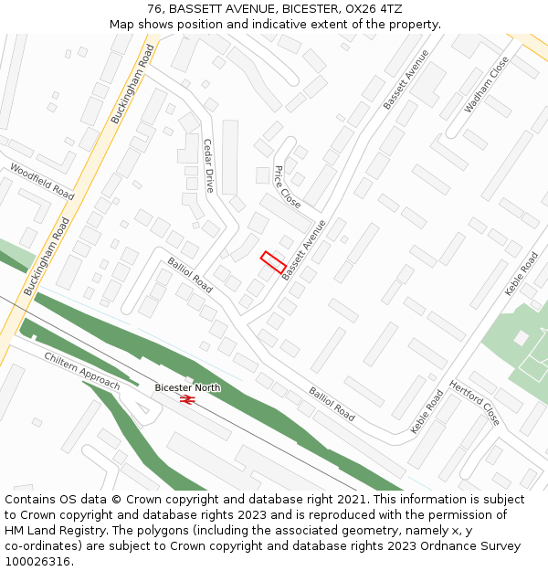 76, BASSETT AVENUE, BICESTER, OX26 4TZ: Location map and indicative extent of plot