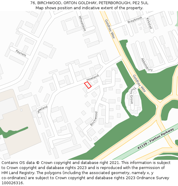 76, BIRCHWOOD, ORTON GOLDHAY, PETERBOROUGH, PE2 5UL: Location map and indicative extent of plot
