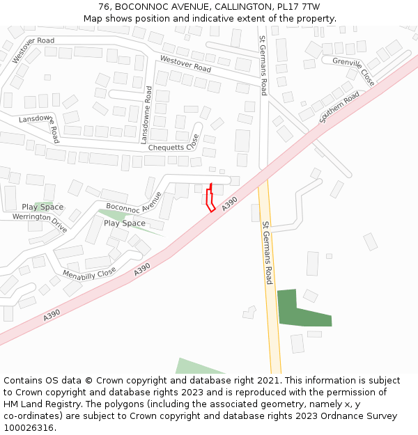 76, BOCONNOC AVENUE, CALLINGTON, PL17 7TW: Location map and indicative extent of plot