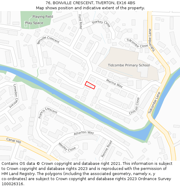 76, BONVILLE CRESCENT, TIVERTON, EX16 4BS: Location map and indicative extent of plot