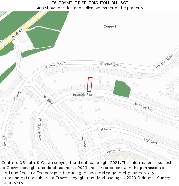 76, BRAMBLE RISE, BRIGHTON, BN1 5GF: Location map and indicative extent of plot