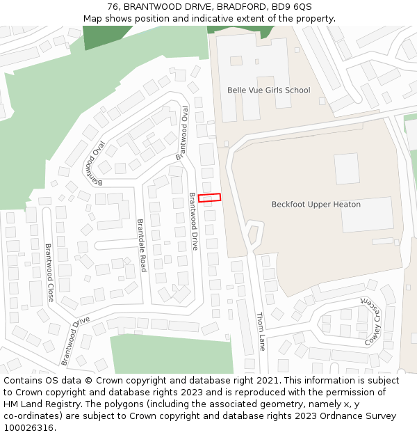 76, BRANTWOOD DRIVE, BRADFORD, BD9 6QS: Location map and indicative extent of plot