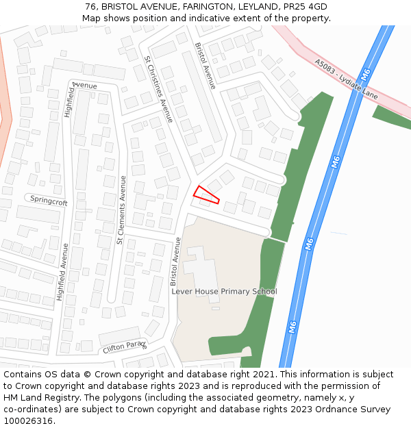 76, BRISTOL AVENUE, FARINGTON, LEYLAND, PR25 4GD: Location map and indicative extent of plot