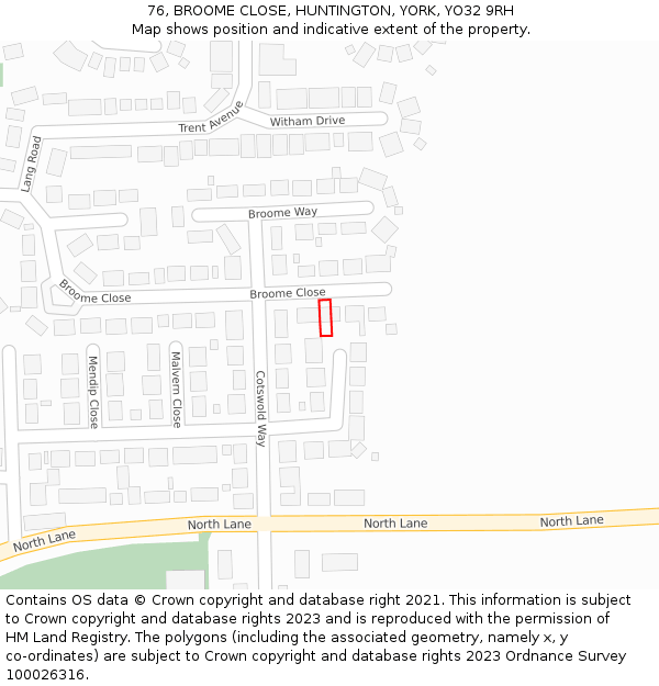 76, BROOME CLOSE, HUNTINGTON, YORK, YO32 9RH: Location map and indicative extent of plot