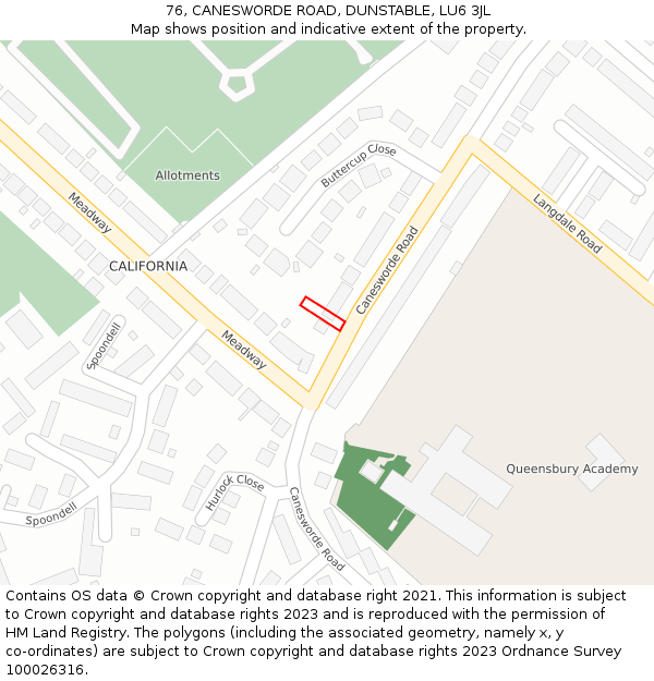 76, CANESWORDE ROAD, DUNSTABLE, LU6 3JL: Location map and indicative extent of plot