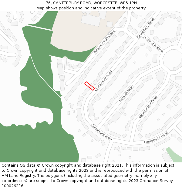 76, CANTERBURY ROAD, WORCESTER, WR5 1PN: Location map and indicative extent of plot