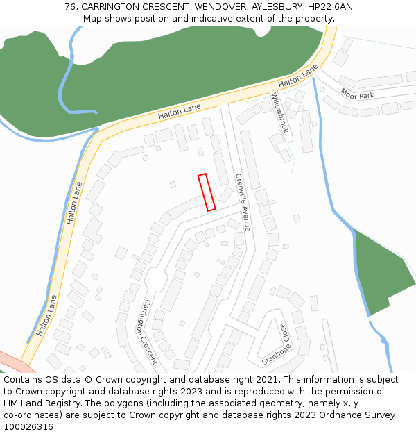 76, CARRINGTON CRESCENT, WENDOVER, AYLESBURY, HP22 6AN: Location map and indicative extent of plot