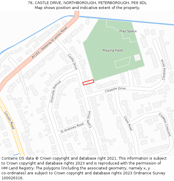 76, CASTLE DRIVE, NORTHBOROUGH, PETERBOROUGH, PE6 9DL: Location map and indicative extent of plot
