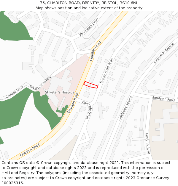 76, CHARLTON ROAD, BRENTRY, BRISTOL, BS10 6NL: Location map and indicative extent of plot