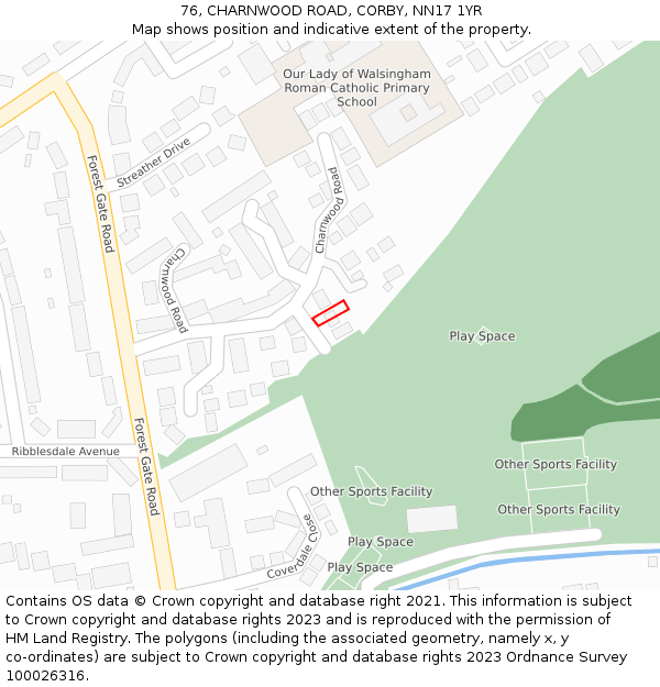 76, CHARNWOOD ROAD, CORBY, NN17 1YR: Location map and indicative extent of plot