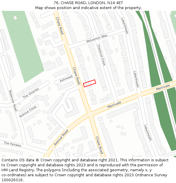 76, CHASE ROAD, LONDON, N14 4ET: Location map and indicative extent of plot