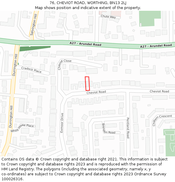 76, CHEVIOT ROAD, WORTHING, BN13 2LJ: Location map and indicative extent of plot