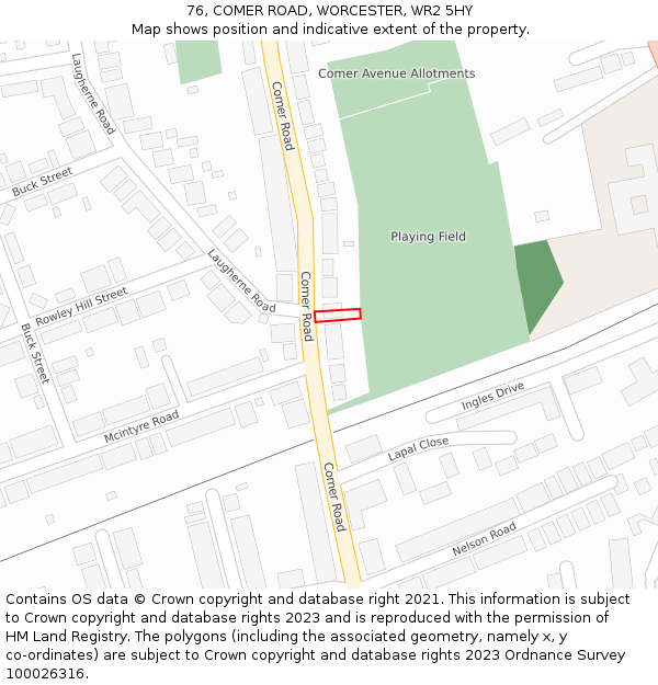 76, COMER ROAD, WORCESTER, WR2 5HY: Location map and indicative extent of plot