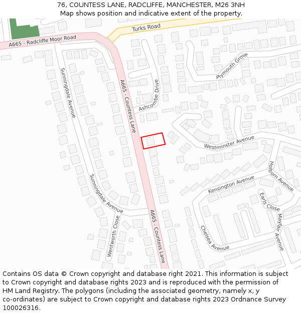 76, COUNTESS LANE, RADCLIFFE, MANCHESTER, M26 3NH: Location map and indicative extent of plot