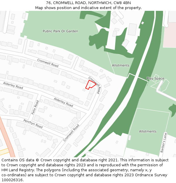 76, CROMWELL ROAD, NORTHWICH, CW8 4BN: Location map and indicative extent of plot