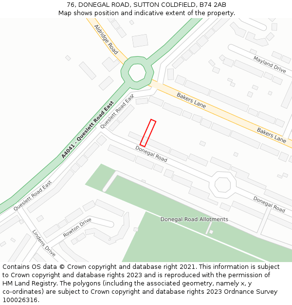 76, DONEGAL ROAD, SUTTON COLDFIELD, B74 2AB: Location map and indicative extent of plot