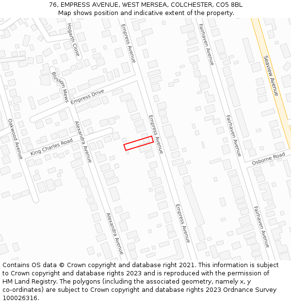 76, EMPRESS AVENUE, WEST MERSEA, COLCHESTER, CO5 8BL: Location map and indicative extent of plot