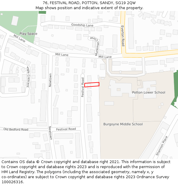 76, FESTIVAL ROAD, POTTON, SANDY, SG19 2QW: Location map and indicative extent of plot