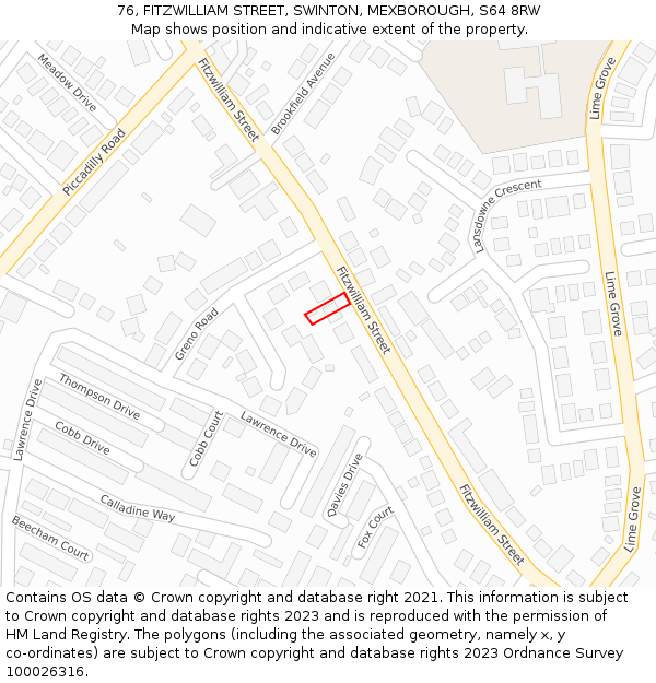 76, FITZWILLIAM STREET, SWINTON, MEXBOROUGH, S64 8RW: Location map and indicative extent of plot