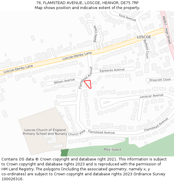76, FLAMSTEAD AVENUE, LOSCOE, HEANOR, DE75 7RP: Location map and indicative extent of plot