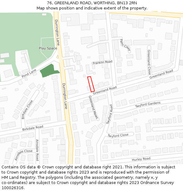 76, GREENLAND ROAD, WORTHING, BN13 2RN: Location map and indicative extent of plot