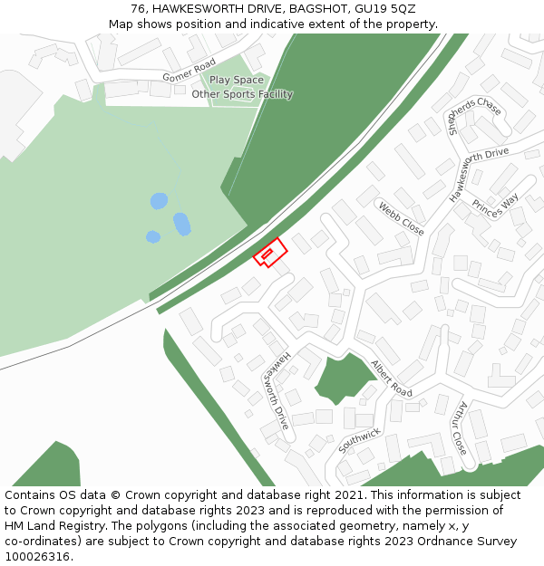 76, HAWKESWORTH DRIVE, BAGSHOT, GU19 5QZ: Location map and indicative extent of plot
