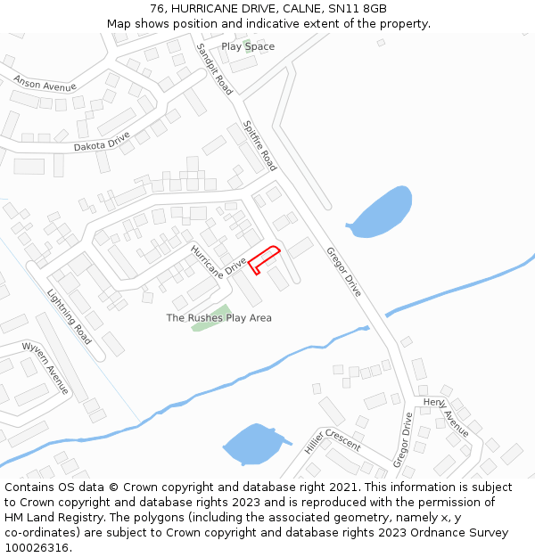 76, HURRICANE DRIVE, CALNE, SN11 8GB: Location map and indicative extent of plot