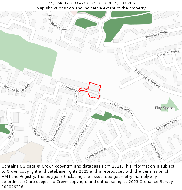 76, LAKELAND GARDENS, CHORLEY, PR7 2LS: Location map and indicative extent of plot