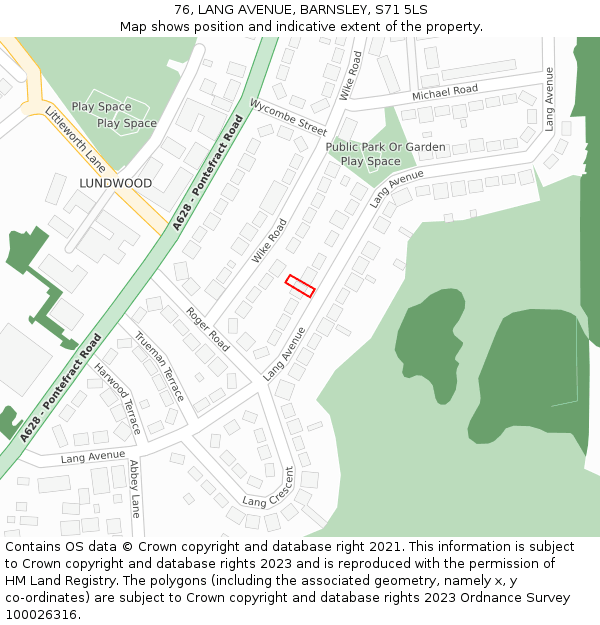 76, LANG AVENUE, BARNSLEY, S71 5LS: Location map and indicative extent of plot