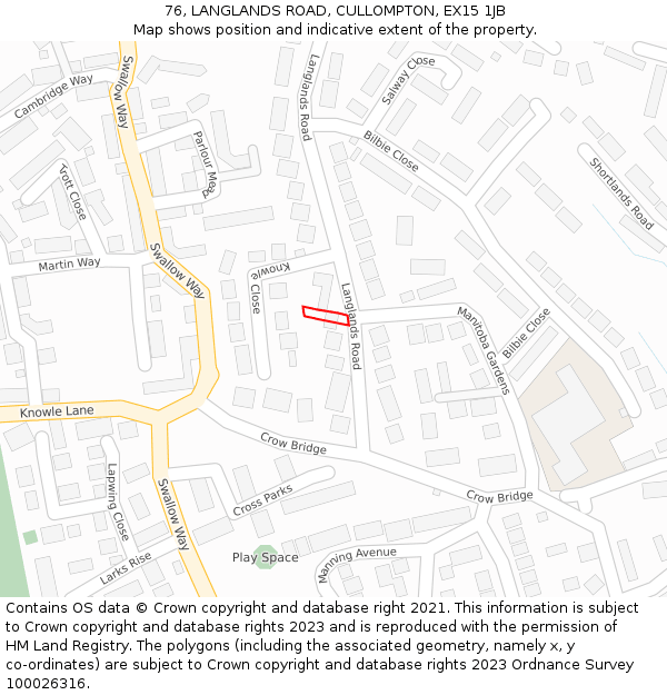 76, LANGLANDS ROAD, CULLOMPTON, EX15 1JB: Location map and indicative extent of plot