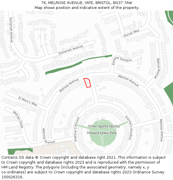 76, MELROSE AVENUE, YATE, BRISTOL, BS37 7AW: Location map and indicative extent of plot