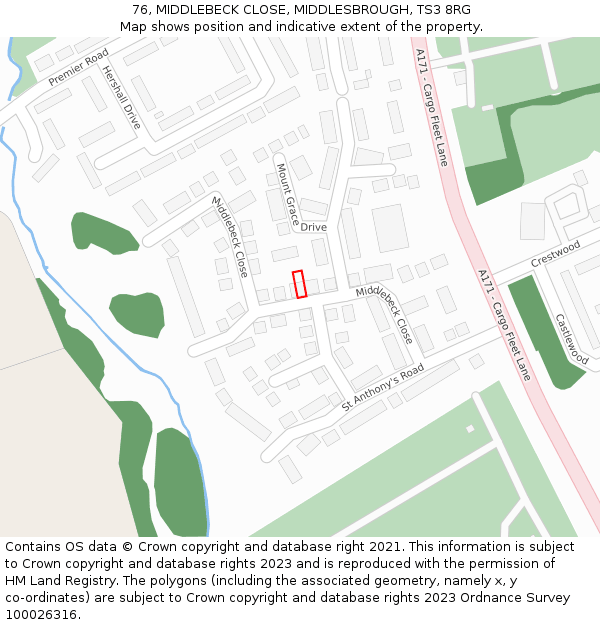 76, MIDDLEBECK CLOSE, MIDDLESBROUGH, TS3 8RG: Location map and indicative extent of plot