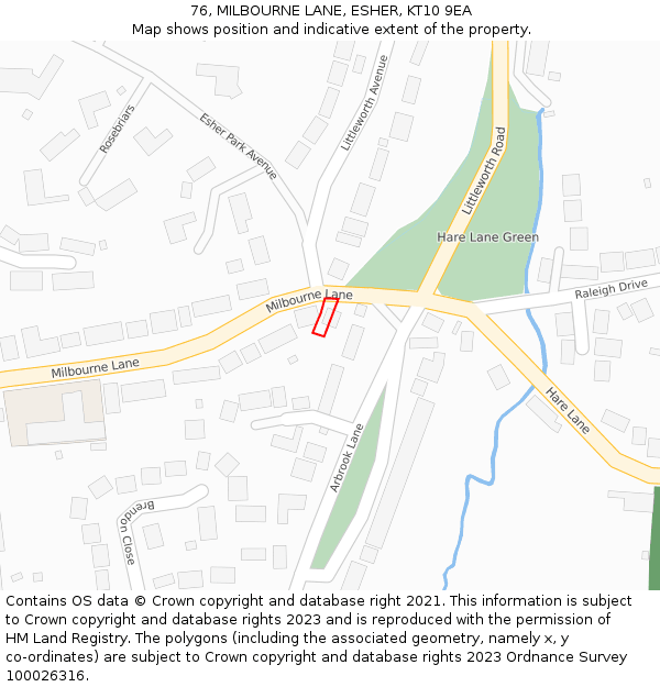 76, MILBOURNE LANE, ESHER, KT10 9EA: Location map and indicative extent of plot