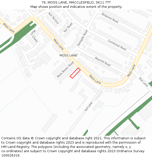 76, MOSS LANE, MACCLESFIELD, SK11 7TT: Location map and indicative extent of plot