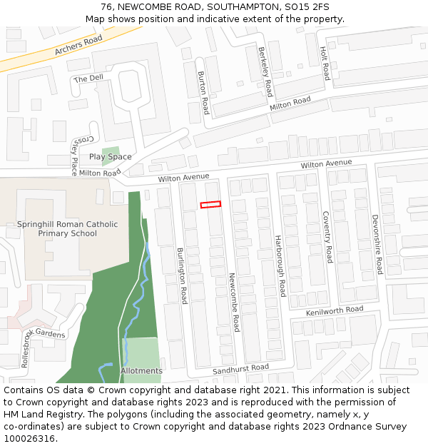 76, NEWCOMBE ROAD, SOUTHAMPTON, SO15 2FS: Location map and indicative extent of plot