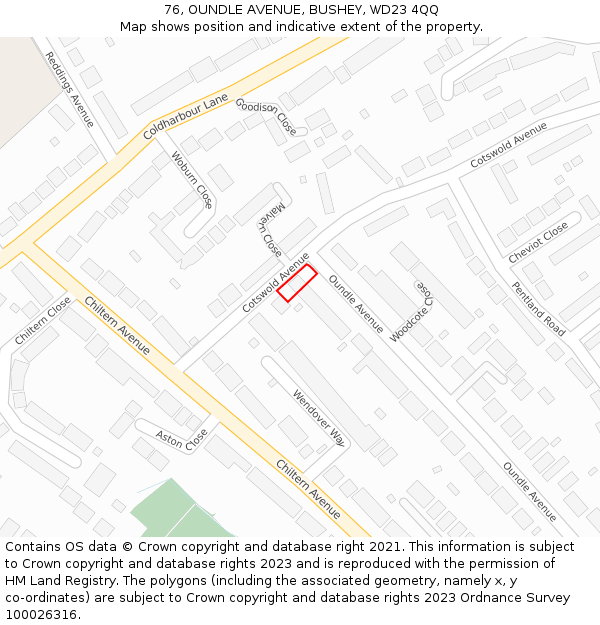 76, OUNDLE AVENUE, BUSHEY, WD23 4QQ: Location map and indicative extent of plot