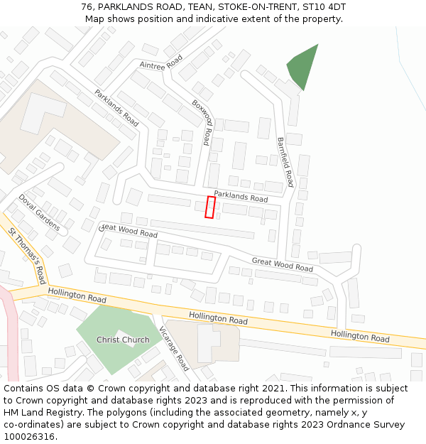 76, PARKLANDS ROAD, TEAN, STOKE-ON-TRENT, ST10 4DT: Location map and indicative extent of plot