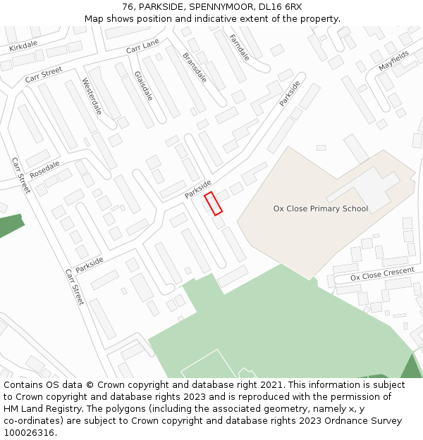 76, PARKSIDE, SPENNYMOOR, DL16 6RX: Location map and indicative extent of plot