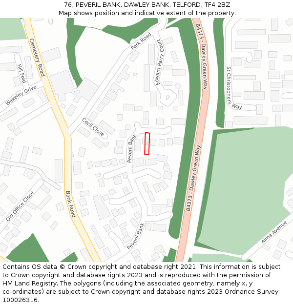 76, PEVERIL BANK, DAWLEY BANK, TELFORD, TF4 2BZ: Location map and indicative extent of plot