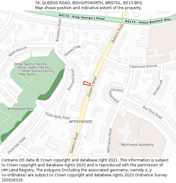 76, QUEENS ROAD, BISHOPSWORTH, BRISTOL, BS13 8PQ: Location map and indicative extent of plot
