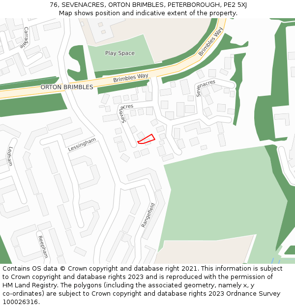 76, SEVENACRES, ORTON BRIMBLES, PETERBOROUGH, PE2 5XJ: Location map and indicative extent of plot
