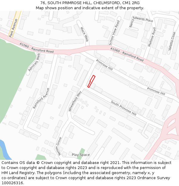 76, SOUTH PRIMROSE HILL, CHELMSFORD, CM1 2RG: Location map and indicative extent of plot